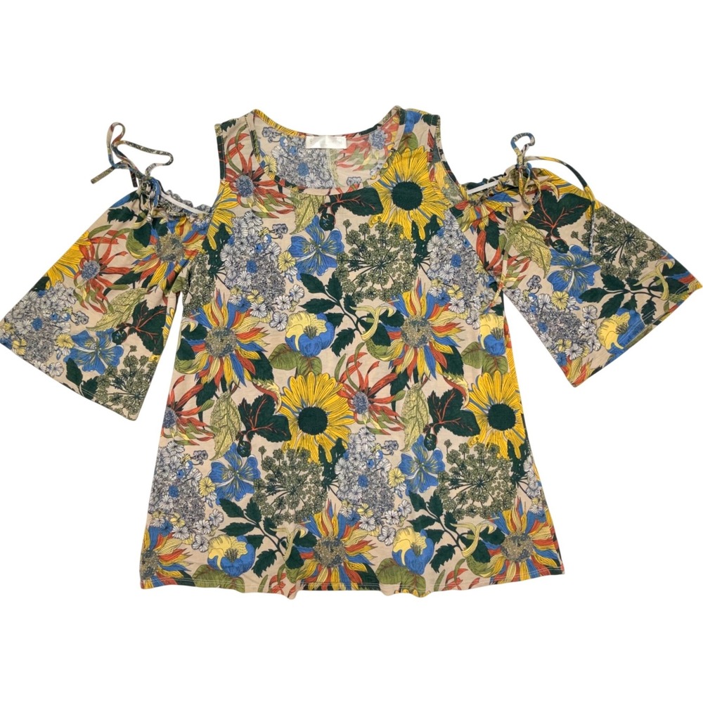 Simi Sue Floral Cold Shoulder Bell Sleeve Top XL‎ Yellow Blue Sunflowers T2395